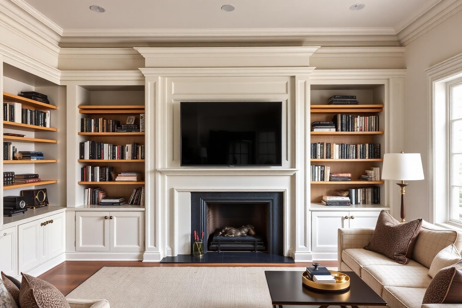 Custom floor-to-ceiling built-in bookshelves and painted millwork with natural daylight