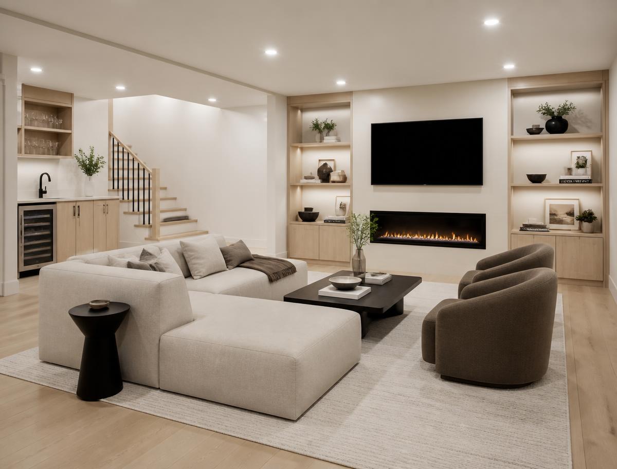 Finished basement living space with warm lighting and built-in cabinetry