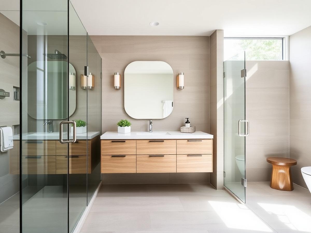 Primary bathroom with large-format tile, a floating vanity and a glass shower